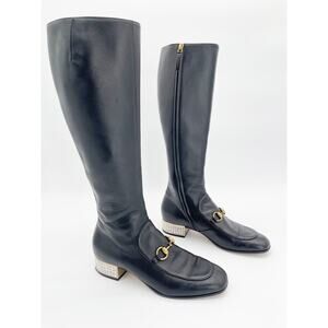 Gucci Mister Knee High Black Leather Horsebit Crystal Heel Riding Boots EU 39